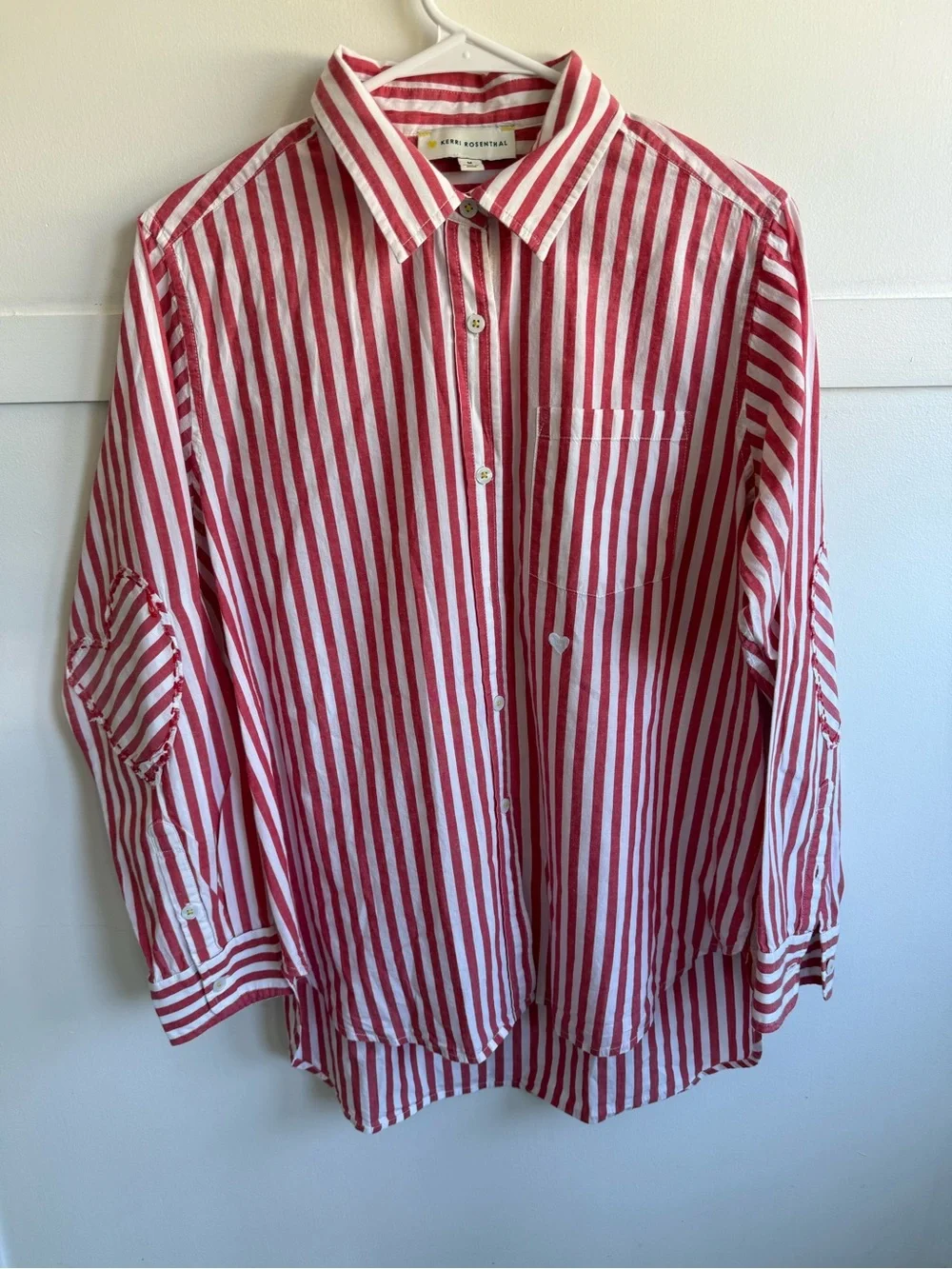 Kerri Rosenthal Mia Stripe Shirt Red White Cotton Heart Patch Button Down Sz M